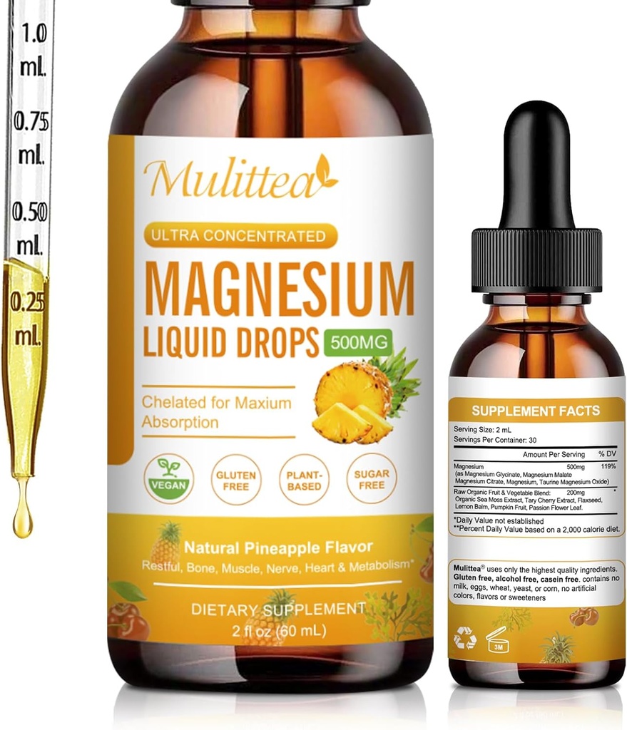 Magnesium Liquid Drops - Absorption 5-in-1 Magnesium Complex osagarria Magnesium Glycinate, Malate, Citrate, Taurate - hezur, muskulu, nerbio eta energiarako - Vegan, Sugar Free, 2 Fl.oz