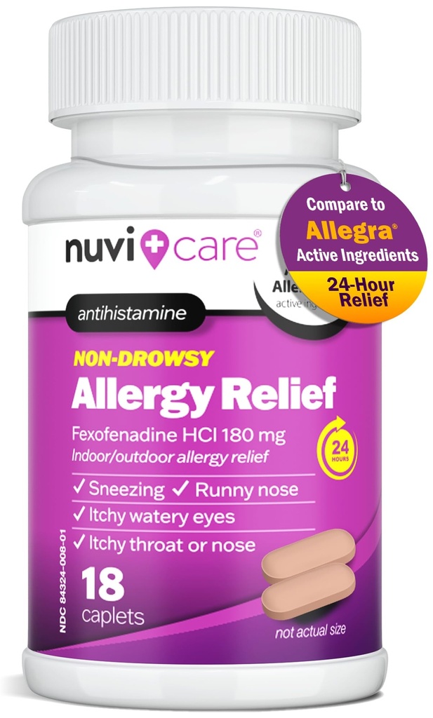 NUVICARE Fexofenadine 180mg 24 Hour - Fexofenadine Hydrochloride 180 mg Antihistamine for Allergy Relief, Hives, Runny Nose, Itching, Compare to Allegra 24 Hour Non Drowsy Allergy Medicine (18 Count)