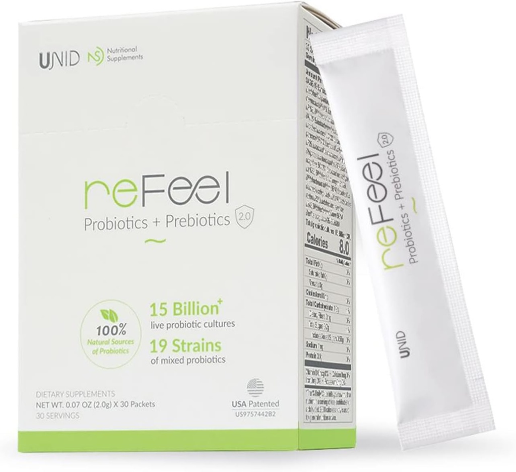 Refeel 2.0 Suplemento Probiótico diário - 15 bilhões de UFC, sabor de iogurte levemente doce, prebióticos incluídos, para equilíbrio de flora gut ideal, absorção de nutrientes e bem-estar geral (19 Strain Blend)