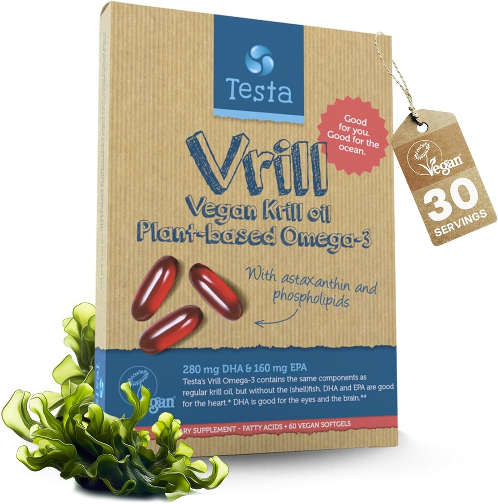 Testa Omega 3 Vegan Krill Supplement-1000mg Softgels, 2 Times More Omega-3, DHA, EPA, Astaxanthin, Phospholipids - Heart, Brain, Eye, Joint Support - Not from Fish, Algae Source - 60 Softgels