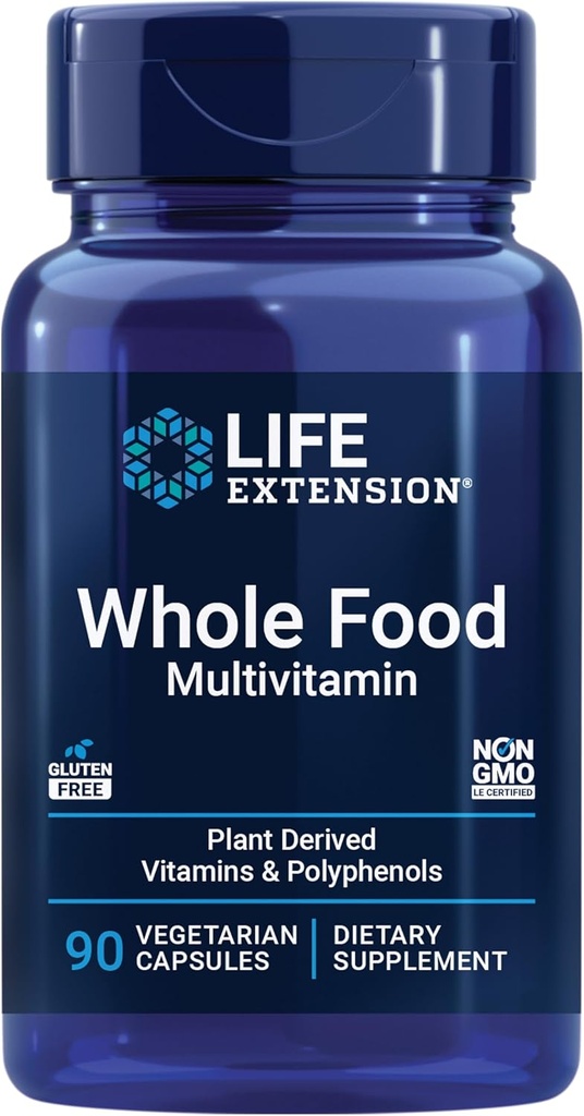 Extensión da vida multivitamínico completo de alimentos, vitamina D3 derivado de plantas, A, B, C & E, ademais de minerais, extractos de plantas, Mantéñase saudable da cabeza a toe, Gluten-Free, Non-GMO, Vegetarian, 90 cápsulas