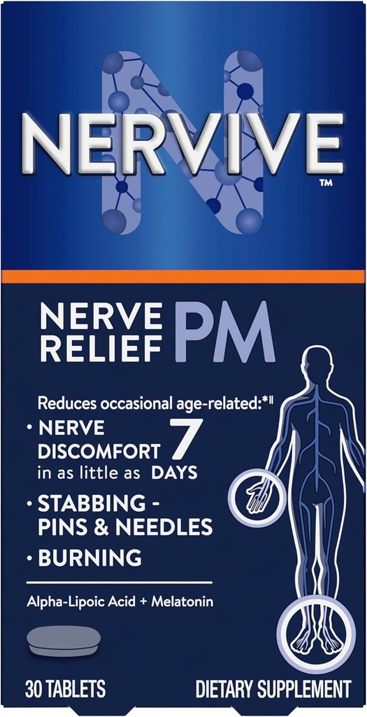 Nervive Nerve Relief PM, Occasional Nerve Discomfort II, Sleep Aid, začína pracovať v 7 dňoch, Bodanie, pálenie, Alpha Lipoic Acid, Melatonin, B Vitamíny, Turmerica, Ginger, Nervive Supplement, 30 ot