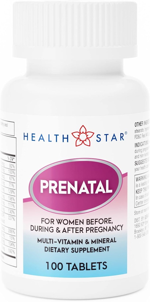 GeriCare Multivitamin pré-natal por HealthStar para mãe saudável e bebê - folato + vitamina C + vitamina D + ferro + cálcio + B12-100 Comprimidos