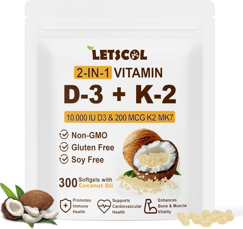 2-in-1 Vitamin D3 K2 Supplement Softgel, Vitamin D3 10000 IU und Vitamin K2 200 mcg, K2 MK7 mit D3 Vitamin Supplement Unterstützung Immun, Herz, Gelenk, Zähne & Knochen Gesundheit