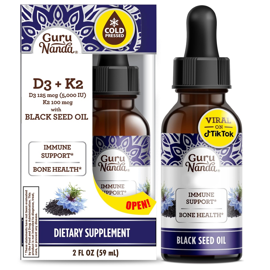 GuruNanda Black Seed Oil, Cold-Pressed Nigella Sativa - Rich in Vitamin D3 5000 Units, K2 & E, High Thymoquinone | Potent Antioxidant for Immune Support, Non-GMO, 2 Fl.oz