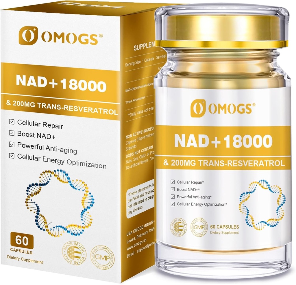 OMOGS NAD+ 300 mg + Trans- Resveratrol 200 mg, Pure NAD Supplement, Max Imeytyminen, boosting Supplement for DNA Repair, Terve ikääntyminen, solujen energia & pitkäikäisyys, 60 kapselia