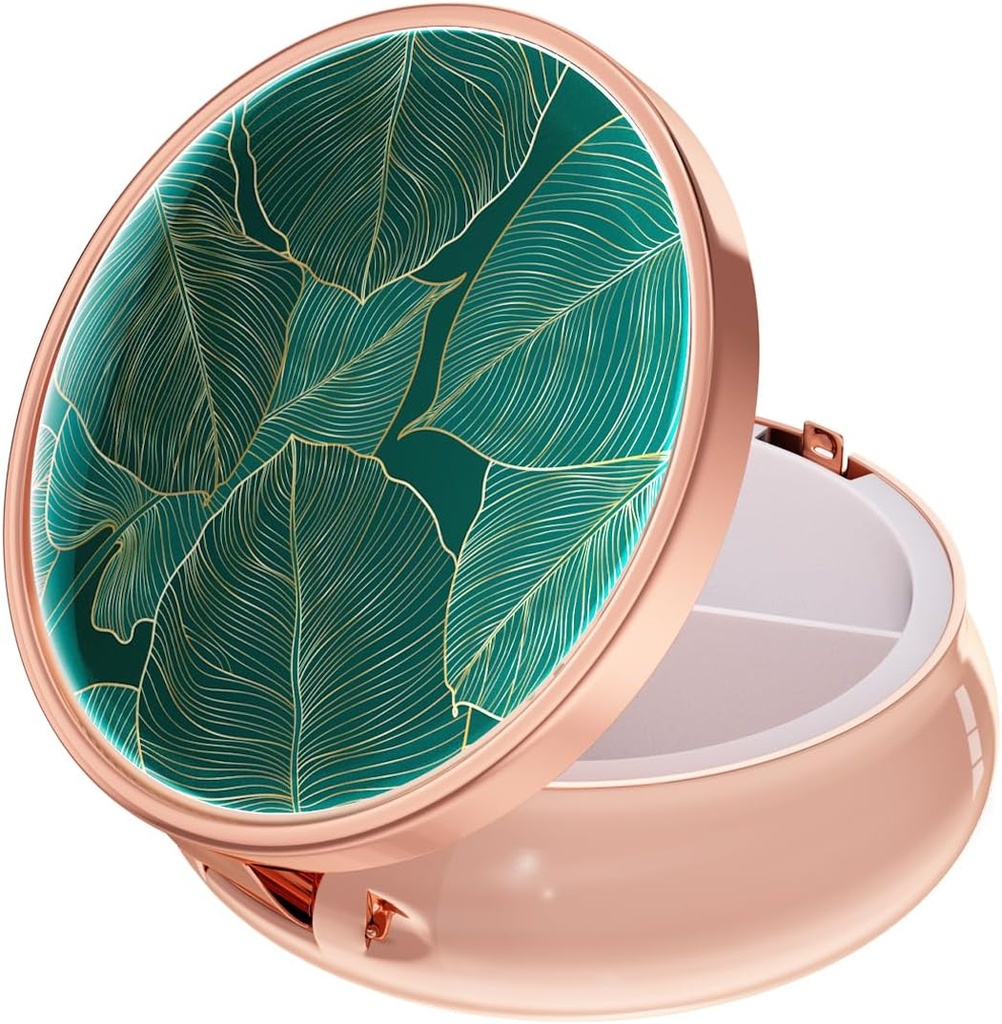 Rouidr Pill Box, 3 Compartiment Medicine Pill Case, Small Metal Travel Medicine Box for Purse & Pocket, Rose Gold, Tropical Leaf