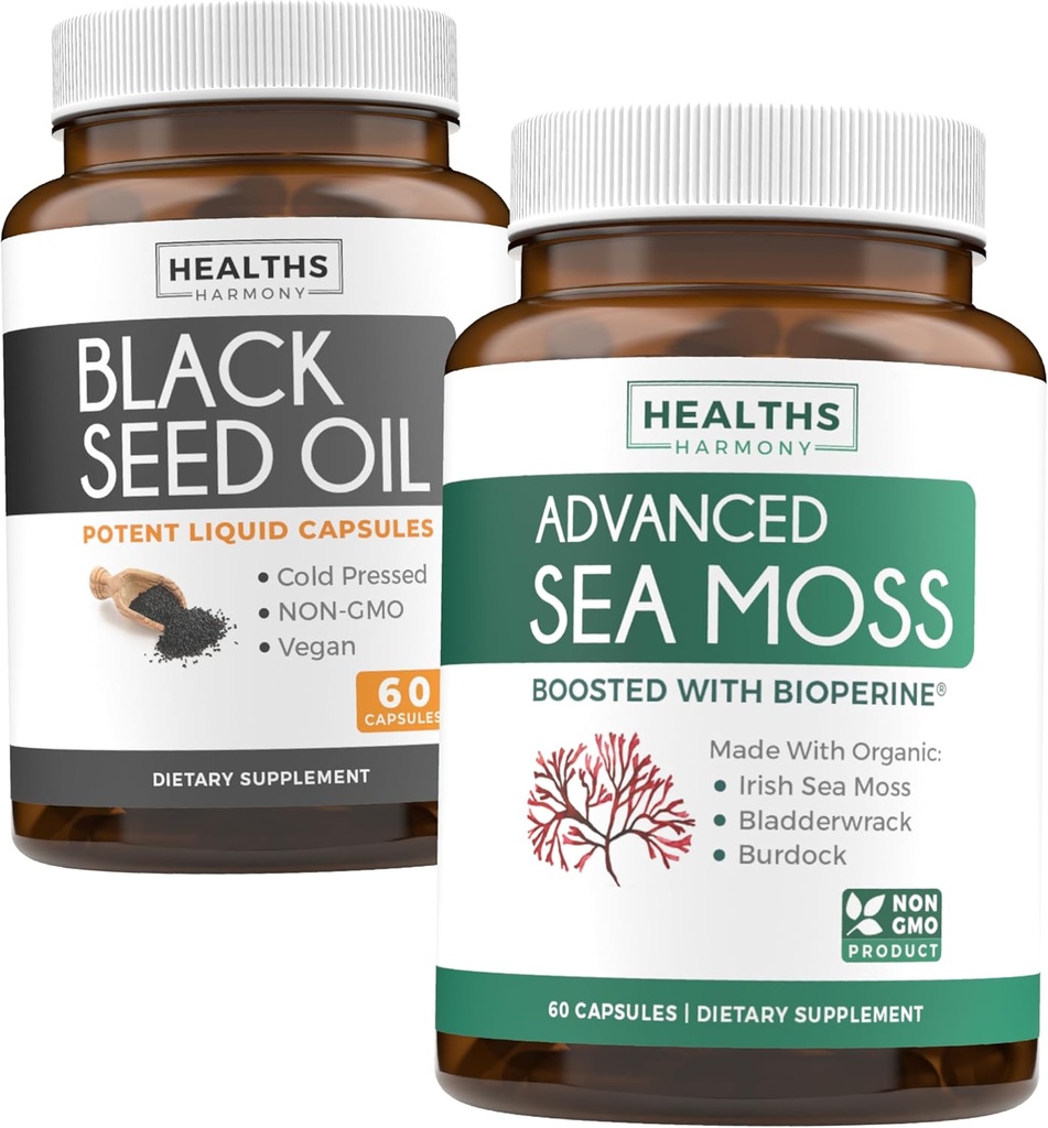 Black Seed Oil & Irish Sea Moss (1-Month Supply) - Wellness Duo Bundle of Black Seed Oil (60 cápsulas) Cold-Pressed Nigella Sativa & Irish Sea Moss (60 cápsulas) con Bioperine e Bladderwrack