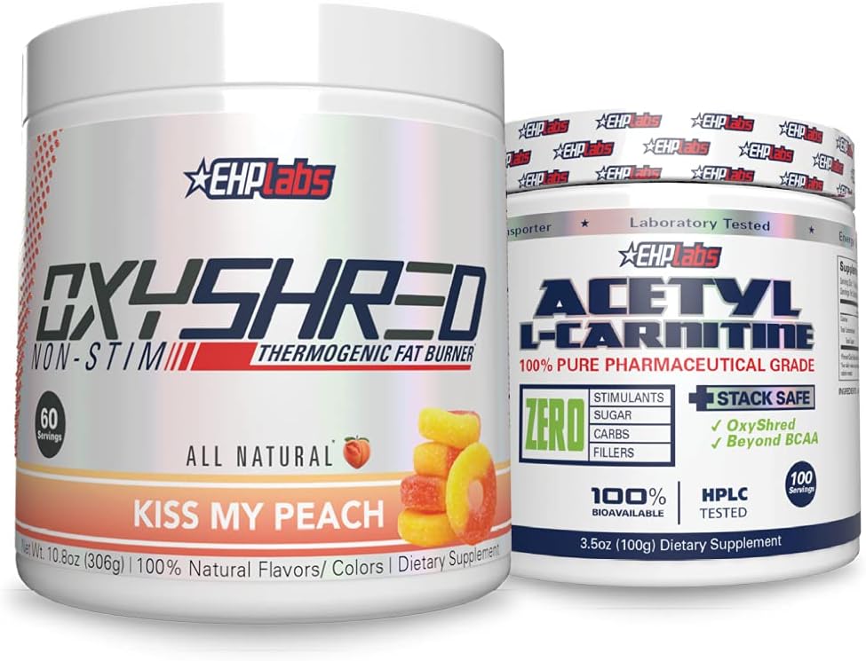 EHP Labs Non-Stim + Acetyl Bundle - OxyShred Thermogenic Pre Workout Pulber & Purustamiseks täiendus - Atsetüül L-karnitiin - toetab looduslikku energia tootmist, AIDS Metabolism ja tervislik aju funktsioon