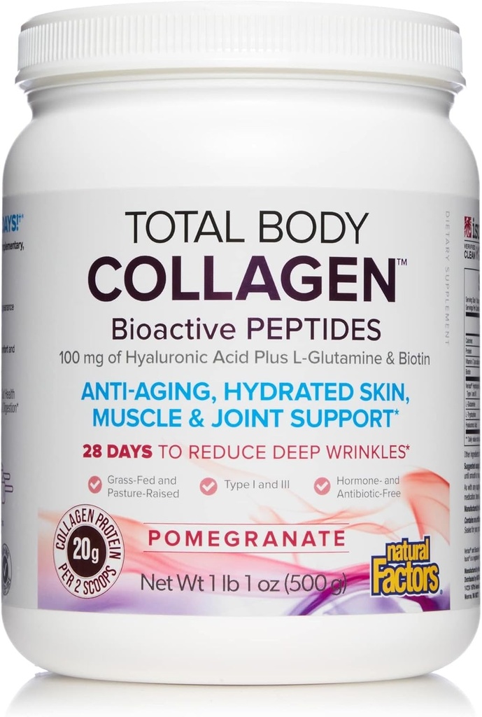 Natural Factors Total Body Collagen - Suplemento de coláxeno bioactivo para cabelo e crecemento do cravo - Suplemento de pel saudable con proteína, vitamina C e máis - P), 500 g (38 servizos)