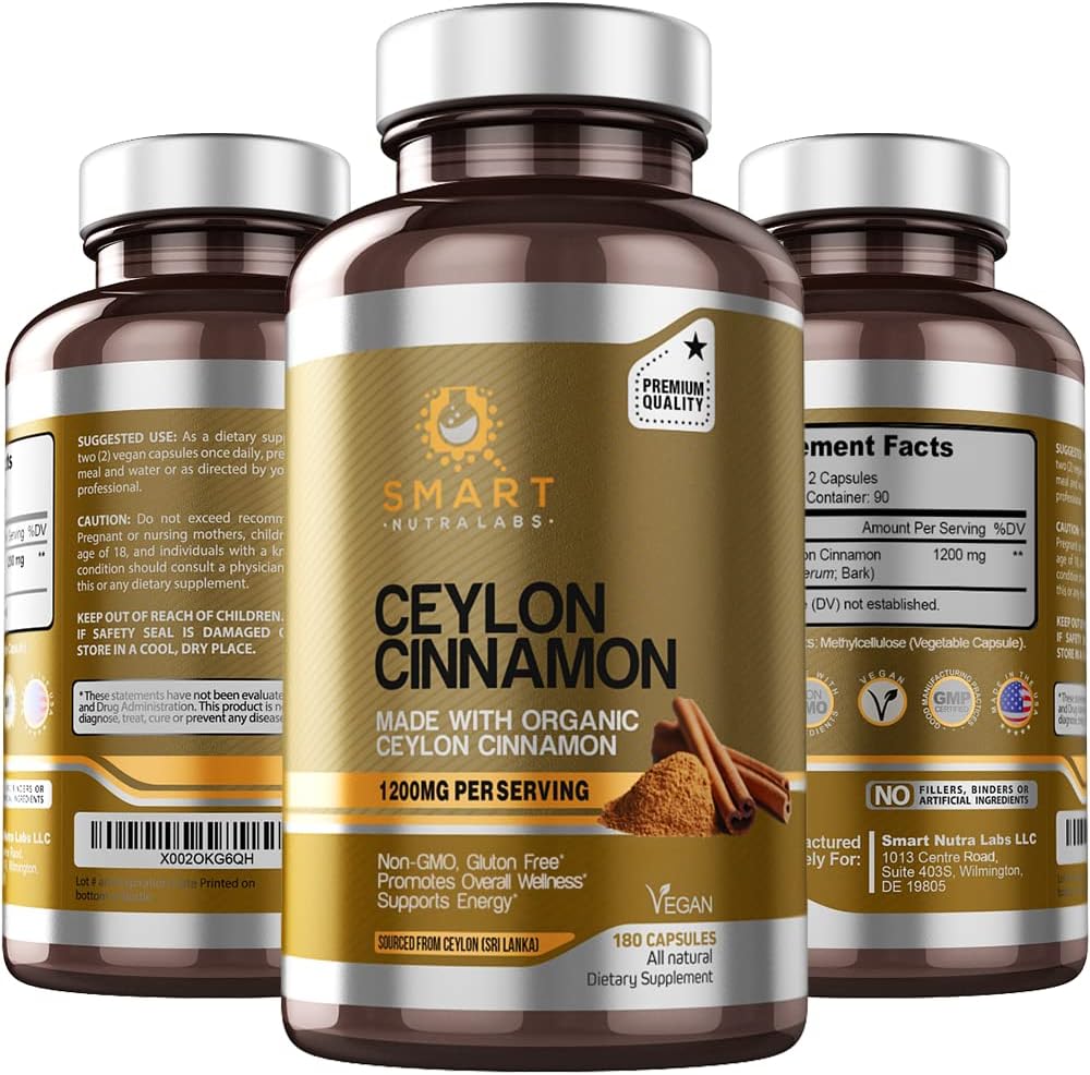Smart Nutra Labs Organic Ceilonas Cinnamon Addition 1200mg per serving, 180 Vegan Capsules, 100% Pure, True Ceilonas Cinnamon