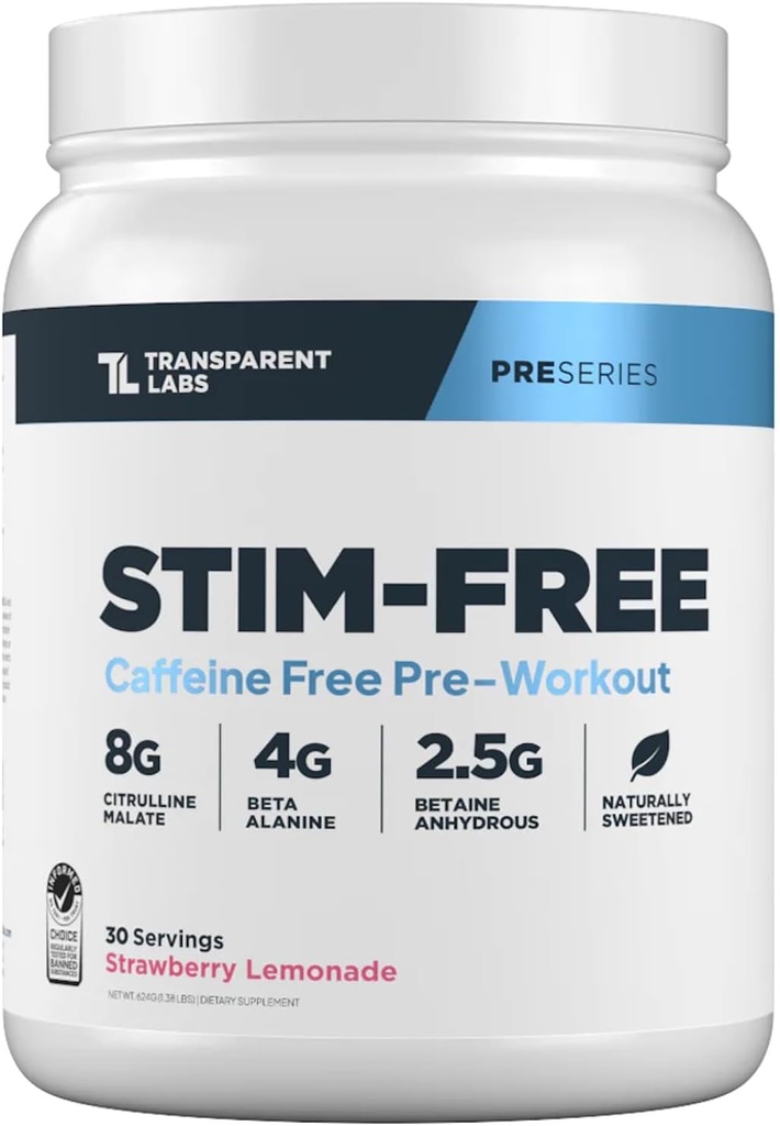 Transparent Labs Stim-Free Pre-Workout - Koffein & Stim Free Pre Workout Pulver für Männer und Frauen mit Beta Alanine Pulver, Citrulline Malate, &amp; ElevATP - 30 Servierungen, Erdbeeren-Lemonade