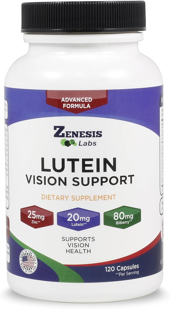 Zenesis Labs Lutein Vision Support - Essential Eye Vitamin - cu bilberry, Beta-Caroten, Zinc, Seminte de struguri si alte Minerale - 120 Capsule - 60 zile de aprovizionare