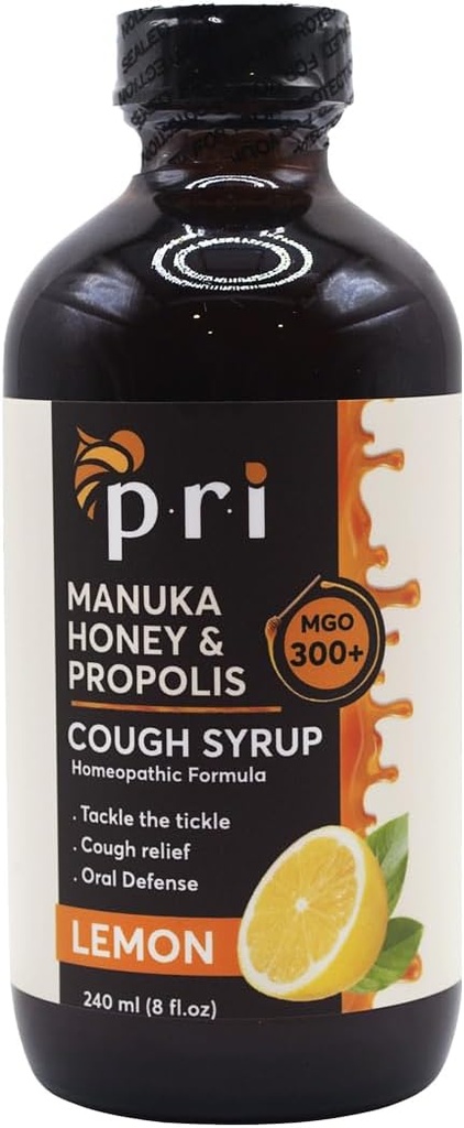 P.R.I טבעי יבש Cough Syrup with Manuka Honey, Propolis, Tea Tree Oil ווויטמין C - Sore גרון & Immune Support, Lemon Flavor, 8oz