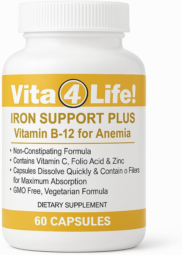 Vita4Life!® Iron Support Plus - Ferro da stiro 40mg con vitamina C, B-12, Acido Folico & Zinc - 60 capsule - Formula non costipante per il supporto e l'energia delle cellule del sangue rosso - Vegetariano & OGM-Free