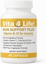 Vita4Life!® Rauatugi Plus - 40 mg rauda C-vitamiini, B-12, foolhappe ja tsink - 60 kapslit - mittekonstipeeruv valem punaste vereliblede toetuseks ja energia - taimetoitlane ja GMO-vaba
