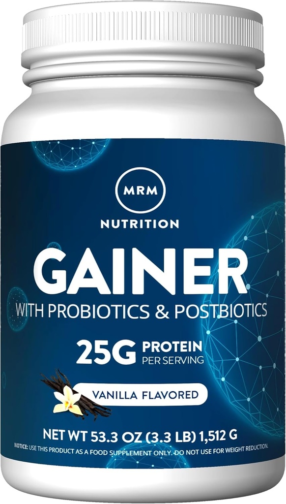 MRM Nutrition Gainer Protein with Probiotics + Postbiotics Xi124; Vanilla Flavored Xi124; 25g Protein Xi124; Whey Concentrat + Isolate + Micellar Casein Xi124; Slow + Fast Digesting Xi124; with Digestive enzymy Xi124; 18 Servings
