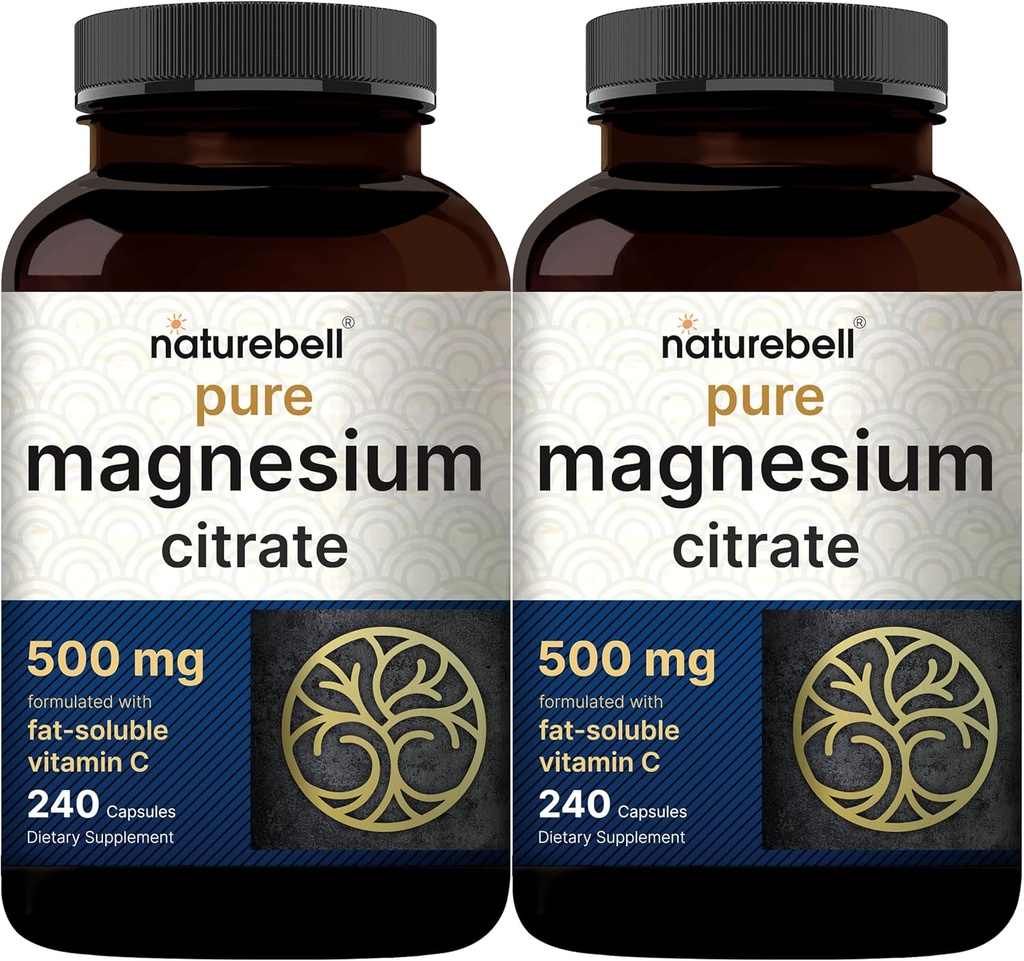 NatureBell 2 Pack Magnesium Citrate 500 מ"ג, 480 קפסולות | 2in-1 עם שמן Soluble ויטמין C | Pure Elemental Form