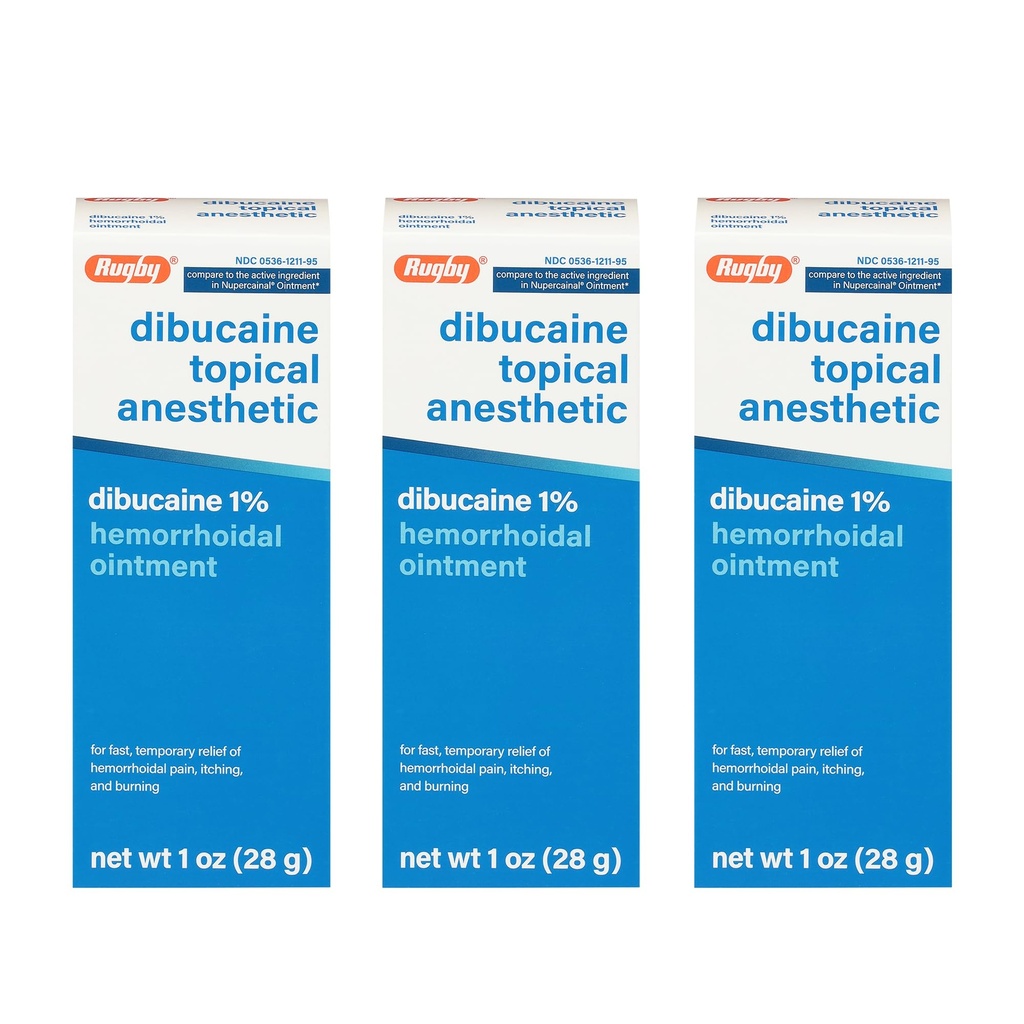 Rugby Dibucaine Topical Anesthetic 1% Hemorrhoid Ointment, 1 Oz (3-Pack) | Fast, Temporary Relief of Hemorrhoidal Pain, Itching, and Burning for Adults & Children 12+
