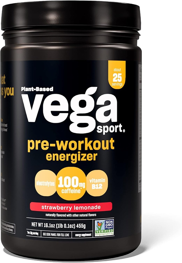 Vega Sport Pre-workout Energizer, Strawberry Lemonade - Pre Workout pulbere pentru femei și bărbați, Sprijină Energie și Focus, Electroliti, Vegan, Keto, Gluten gratuit, Non OMG-uri, 1.1 lbs