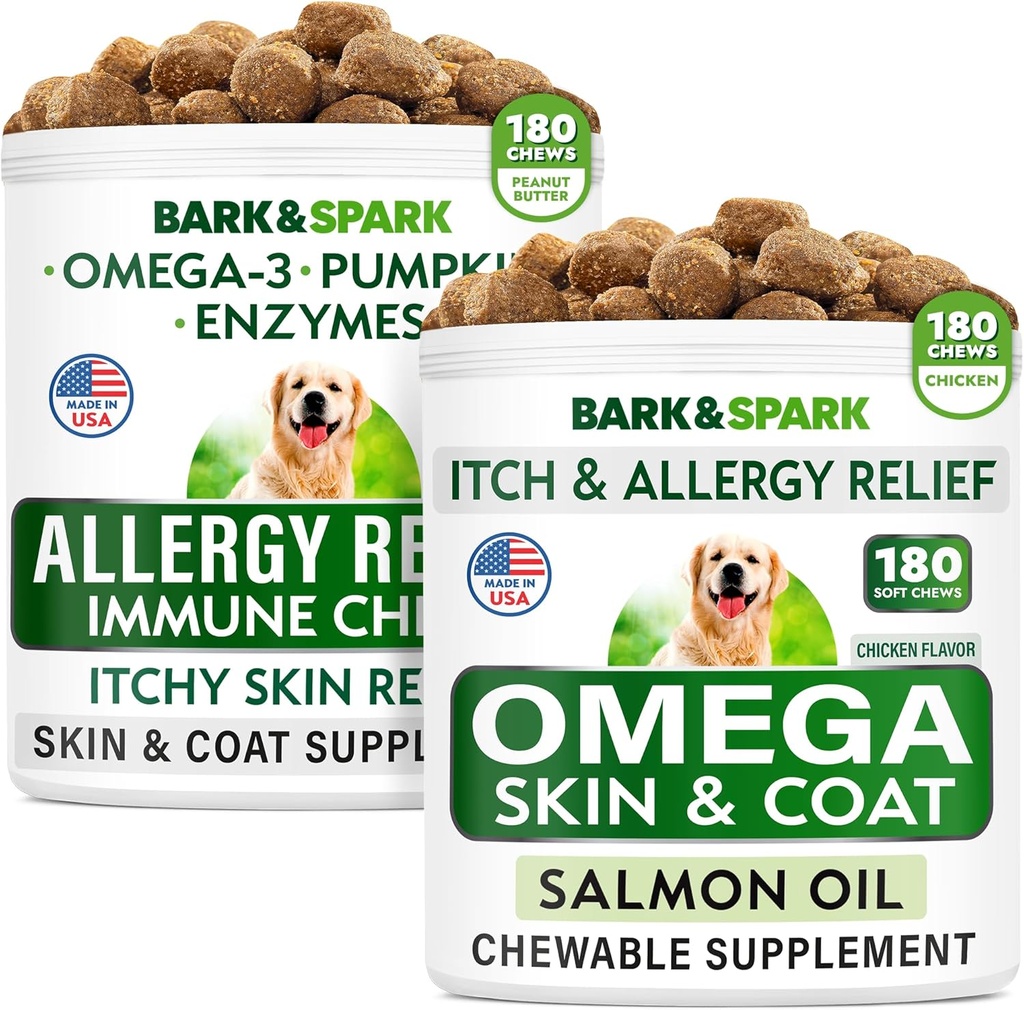 Relief Allergy + Omega 3 for Dogs Bundle - Anti- Itch Skin + Coat Allergy - Omega 3 Fish Oil + EPA & DHA Acid Fatty - Itching & Paw Licking + Joint Health - 360 Chews - Made in USA