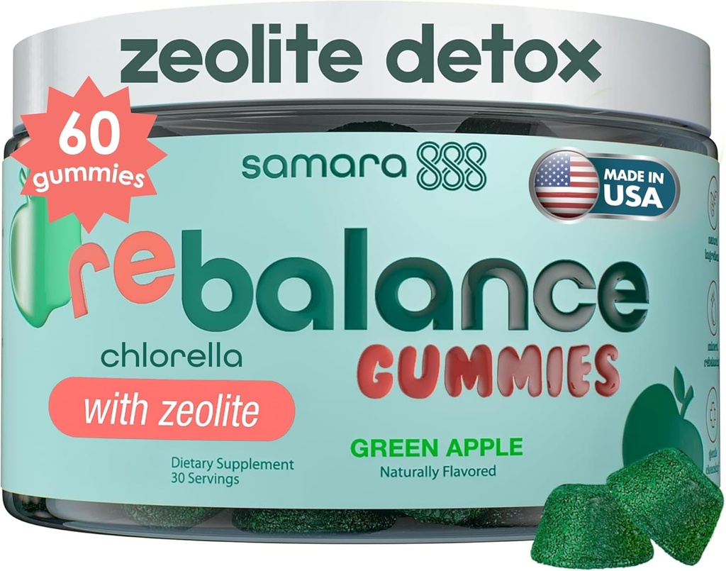 Zeoliit Detox lastele ja täiskasvanutele, raskemetall tseoliit & Chlorella Detox Gummies, alternatiiv aktiveeritud söele, õrn igapäevane toksiini puhastamine lastele ja täiskasvanutele, 60 rohelist Apple Vegan Gummies