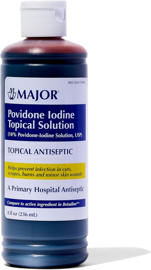 10% גדול Povidone-Iodine נוזל פתרון, USP - Inseptic for Cuts, Scraps, Burns ו- Minor Skin Wounds - 8 Fl. Oz.