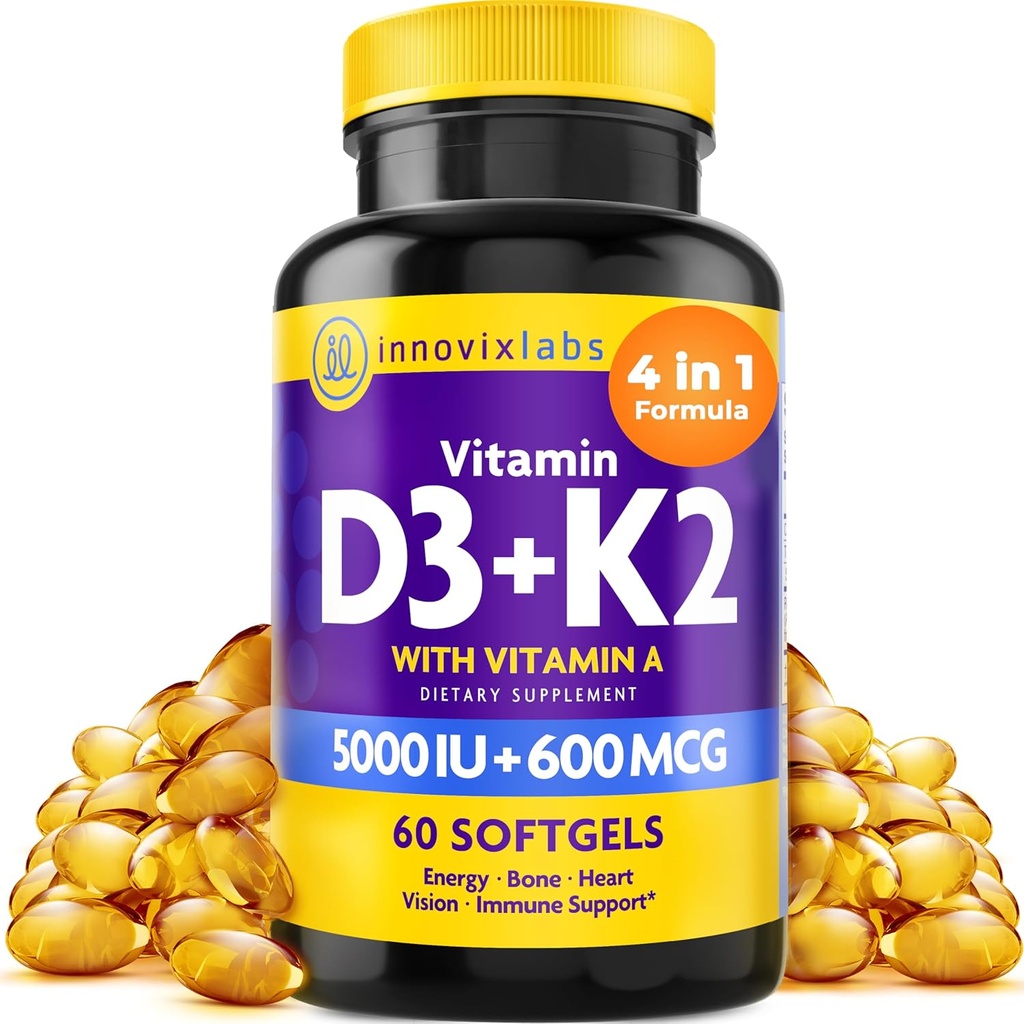 InnovixLabs Vitamine D3 K2-5000 UI Vitamine D3 Plus 600 mcg Vitamine K2 MK4 et MK7 pour l'absorption maximale de calcium, soutient les os, l'Immune, la santé cardiaque, la troisième partie testée, sans gluten, 60 softgels
