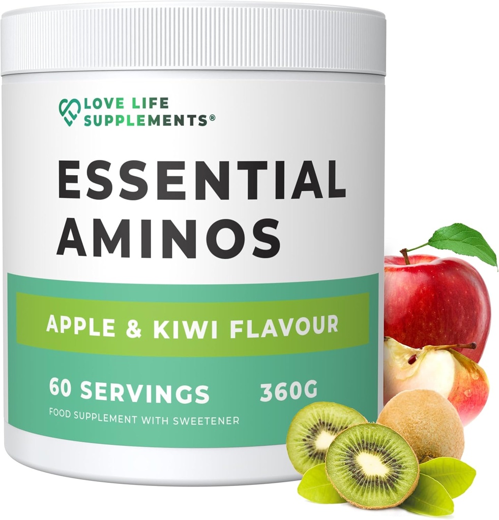 Love Life Supplements EAA Aminosyror pulver, alla 9 viktiga aminosyror inklusive BCAA: s och 2 gram leucin per portion, Apple & Kiwi smak, 348g - 60 portioner (5g av EAA: s per portion)