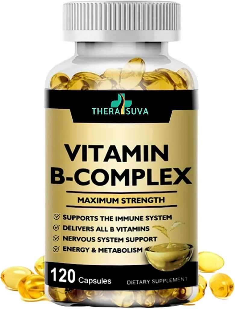 Max Strength Vitamin B-complex + CoQ10 + Vitamina C - Suplemento natural de alta potencia para soporte de enerxía e metabolismo - 120 Softgels, 60 Day Supply