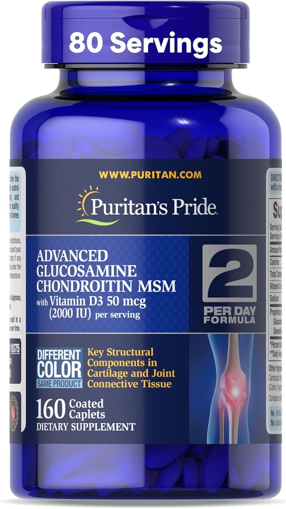 Puritan's Pride Advanced Glucosamine Chondroitin MSM with Vitamin D3 50mcg (2000 IU), Dietary supplement for Joint Health, 80 Servings, 160 Coated Tablets