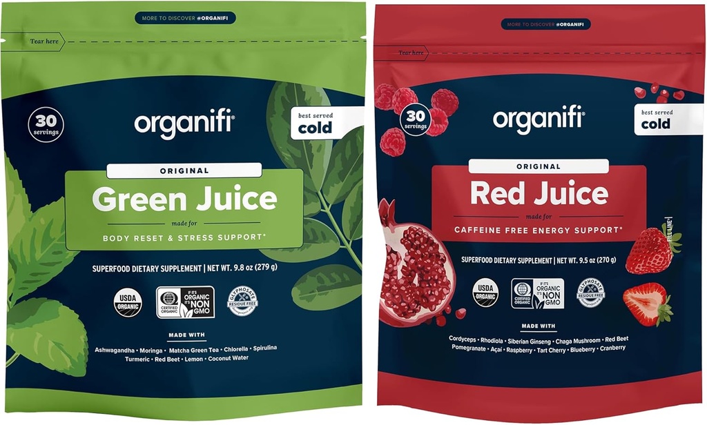 Organifi Green Juice and Red Juice Bundle - 30 napos ellátás - ízletes, frissítő szerves szuperélelmiszer kiegészítés por Antioxidánsokkal az energia és a stressz enyhítésére - No GMO, Gluten, vagy Soy