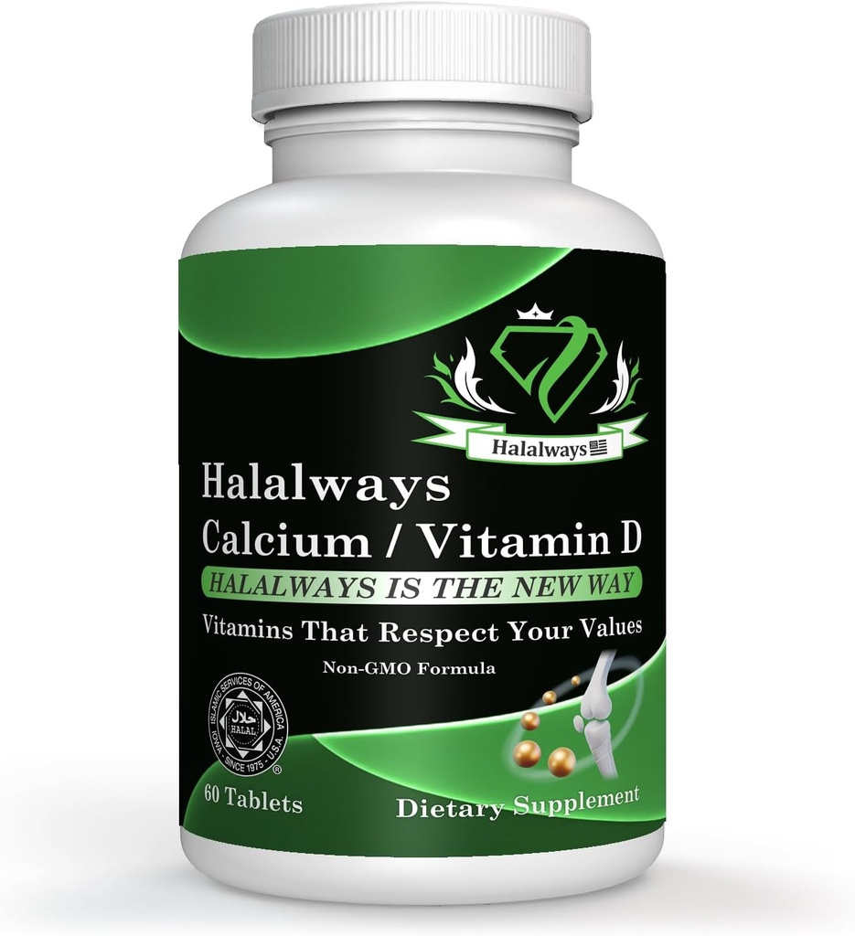 Halalways Cálcio/Vitamina D Certified Halal Supplement Apoio à saúde óssea, com cálcio e vitamina D, Suplemento dietético, Suplementos Vitamina, para homens e mulheres, (650mg Cálcio, Vitamina D 10mcg)