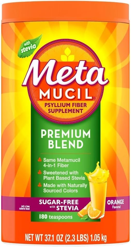 Metamucil Premium суміш, 4-в-1 Fiber Supplement для травного здоров'я, Psyllium Husk Fiber Powder, Sugar-Free з Stevia, Plant-Based Fiber Supplement, Orange Flavored, 180 чайних ложки