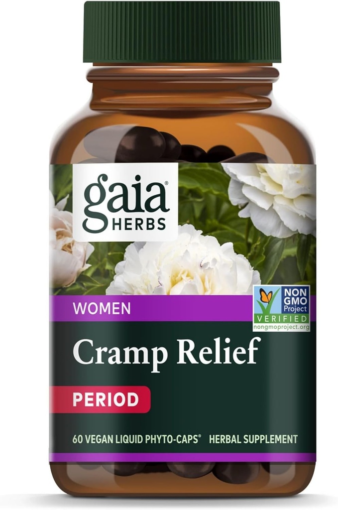 Gaia Herbs Cramp Relief - Suplimentul Herbal pentru Echilibrul hormonal & Perioada Cramp Relief - Made with Organic Licorice Root, White Peony Root, Turmeric & More - 60 Vegan Capsule (60 Servings)