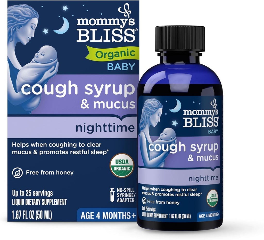 Mommy's Bliss Organic Baby Cough Syrup & Mucus Night Time, contén Agave orgánico e Ivy Leaf, feito para bebés 4 mes +, 1.67 Onzas fluorescentes
