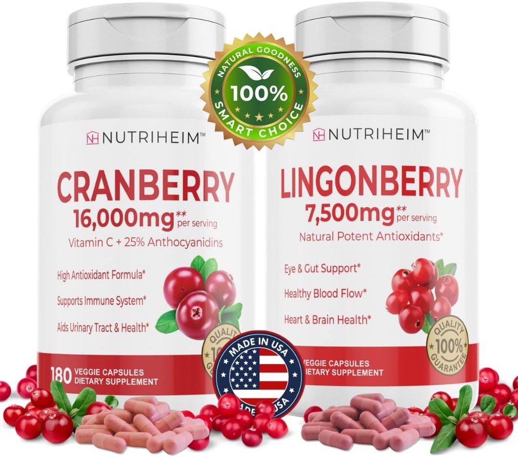 Alt i en PAC Bundle - Cranberry & Lingonberry Capsules - Vitamin C og 25% Proanthocyanidins for urinveistrakt, Gut helse, antioksidant støtte - ikke-GMO, Glutenfri, Vegan Supplement