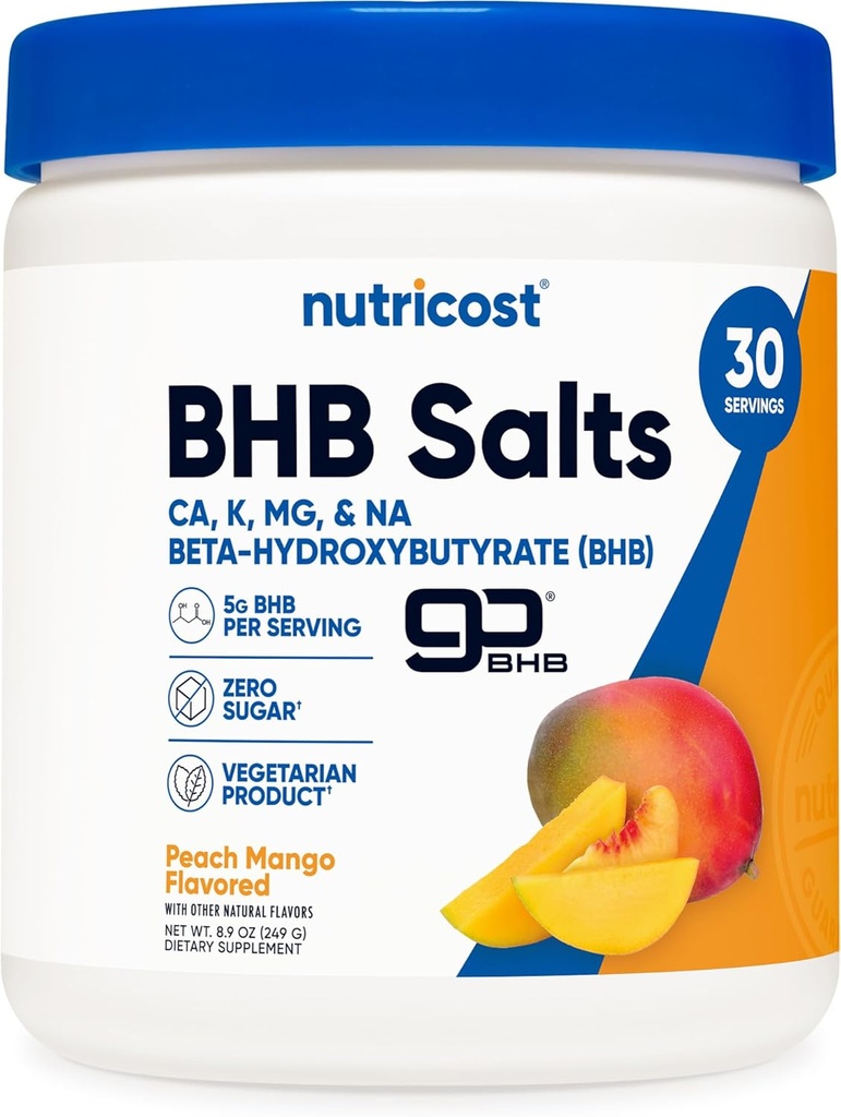 Nutricost BHB Salts Drink Mix (30 hamba, Peach Mango Flavored) (5G BHB Per Serving) - 0G Total Sugars, Produk Vegetarian