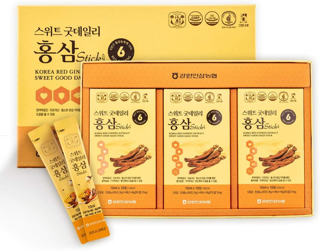 [Gangwoninsam] Korean Red Ginseng Extract Sweet Good Daily Stick 30 Count – Contains 6 Year Korean Red Ginseng Extract, Korean Food, Individually Packaged, 0.35 fl. oz (10ml), 3 X 10-Count Box