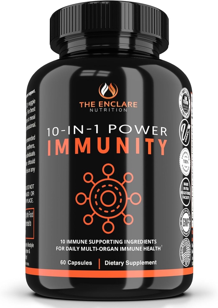 THE ENCLARE NUTRITION 10 in 1 Immune Support Booster Supplement with Echinacea, Vitamin C and Zinc, Turmeric, Ginger, B6, Elderberry for Adults Immunity Defense Vitamins, Made in USA Veg Cap 60 Ct (1)