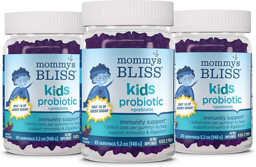 Mommy's Bliss Kids Probiotic + Prebiotic Gummies, soporta inmunidade e dixestión para nenos 2 anos +, Menos azucre, Yummy Berry Flavor, 45 Conde (Pack of 3)