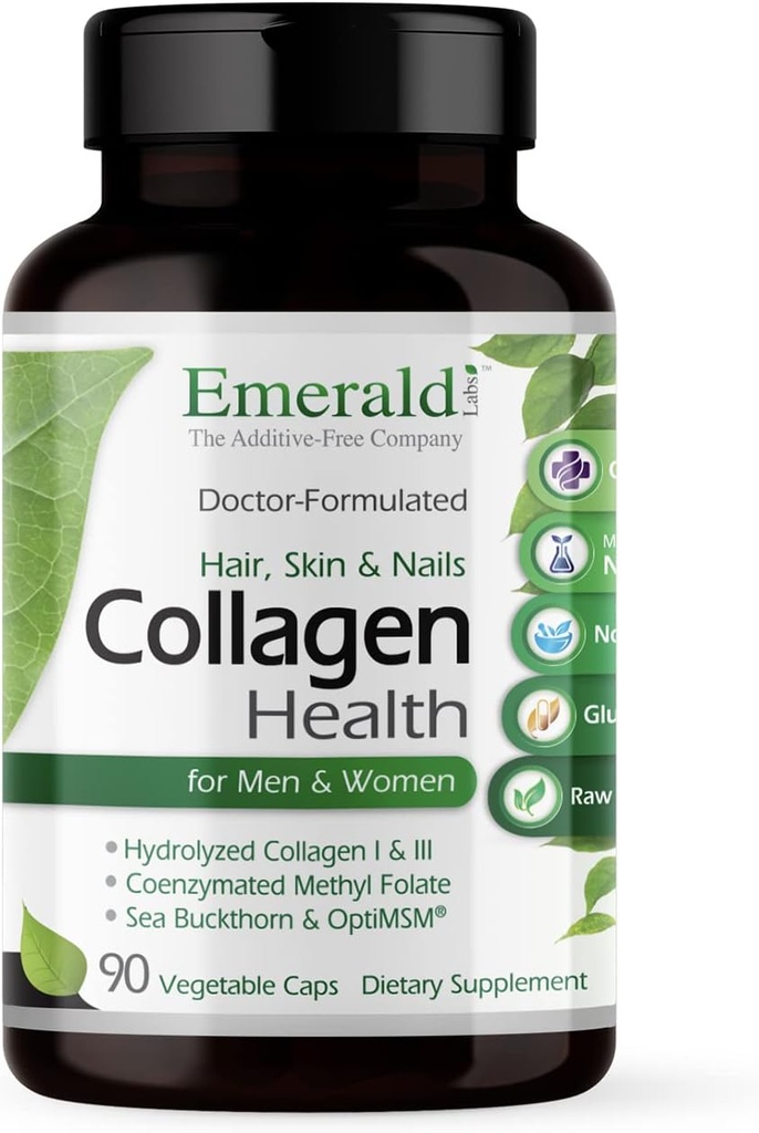 EMERALD LABS Collagen Health - Hydrolyzed Collagen for Healthy Hair, Skin & Nails with Saw Palmetto " Beta-Sitosterol - También admite Immune " Adrenal Health - 90 Vegetable Capsules (30-Day Supply)