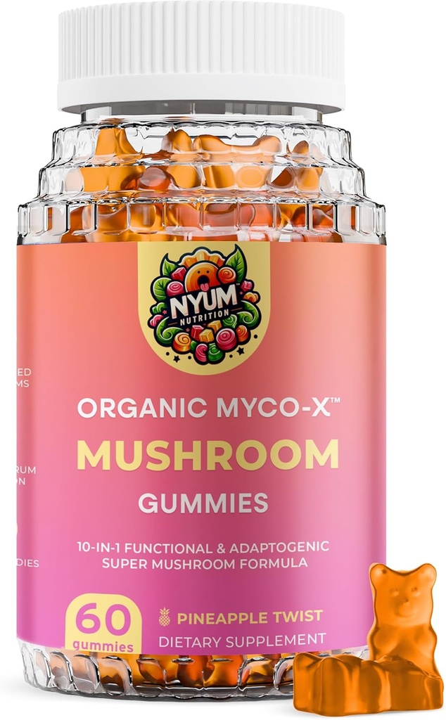 Nyum Nutrition Organic MYCO-X Mushroom Gummies, 10-in-1 Formula, Ananas Twist, 60 Count, Oranssi / vaaleanpunainen