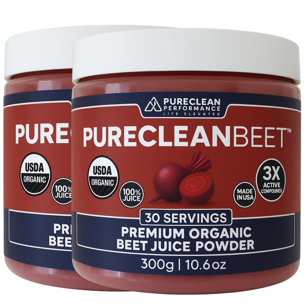 PureClean Organic Beet Juice Powder - Nitric Oxide Supplement - 100% USA Grown Beets - Organic Beet Root Powder 30 Servings, 300g (2 Jars 60 Servings)