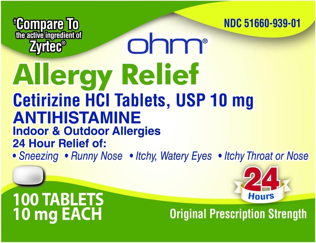 Ohm Cetirizine 10 mg Tablet - All Day Allergy Relief - 100 Count - Anti-Histamine for Hay Fever, Pollen, Dry Itchy Eyes - Effective Relief from All Day Allergies