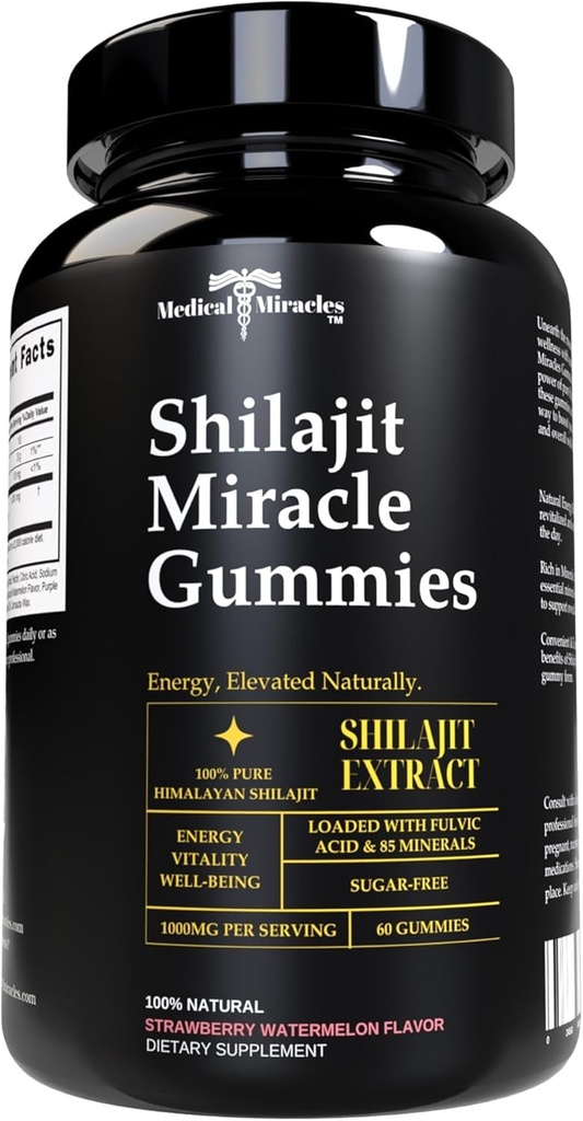 Medicinska Miracles Shilajit Gummies - 1000mg Ren Himalayan Extract w / Fulvic Acid, Vegan, Sugar-Free, High Potency. Energi & immunitetsstöd med över 84 mineraler. 60 läckra gummies