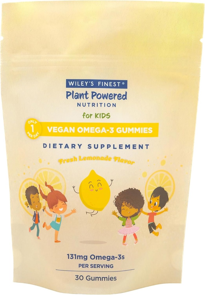 Wiley's Finest Kids Vegan Omega-3 Gummies - Sugar Natural - Vegetarian DHA, ALA & SDA - Gluten Free - Lemon Flavor, 30 Gummies
