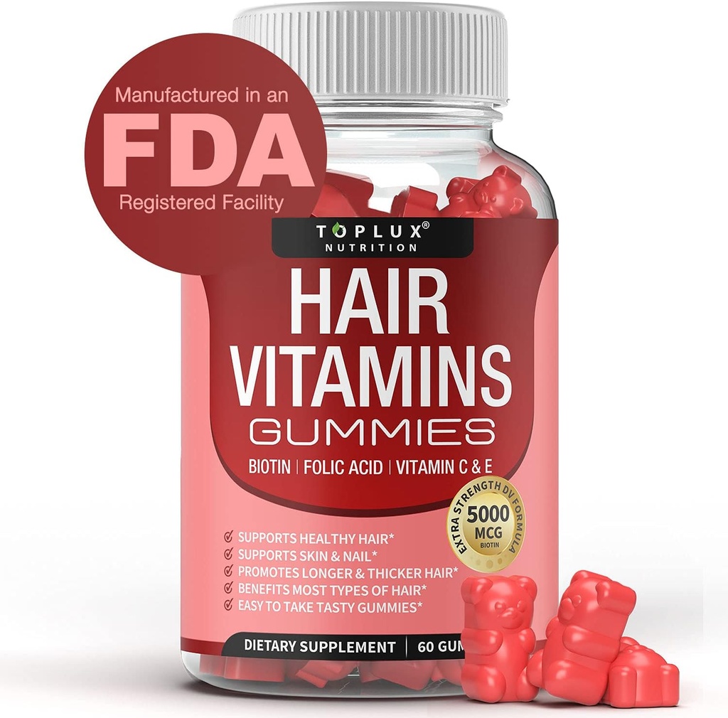 Suplemento de vitamina Gummies para mulleres e homes - Crecemento do cabelo Vitaminas 5000mcg Biotin Gummies, ácido fólico, vitamina C & E, soporte máis forte e cabelo máis delgado, pel, Nails, non-GMO Vegam para, 60 Conde