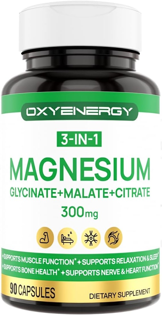 OXYENERGY 3 en 1 suplemento complexo de magnesio, cápsulas de magnesio triple 300mg con citrato de malte glicinato, quelado, vegano, alta absorción e biodispoñibilidade, 90 cápsulas