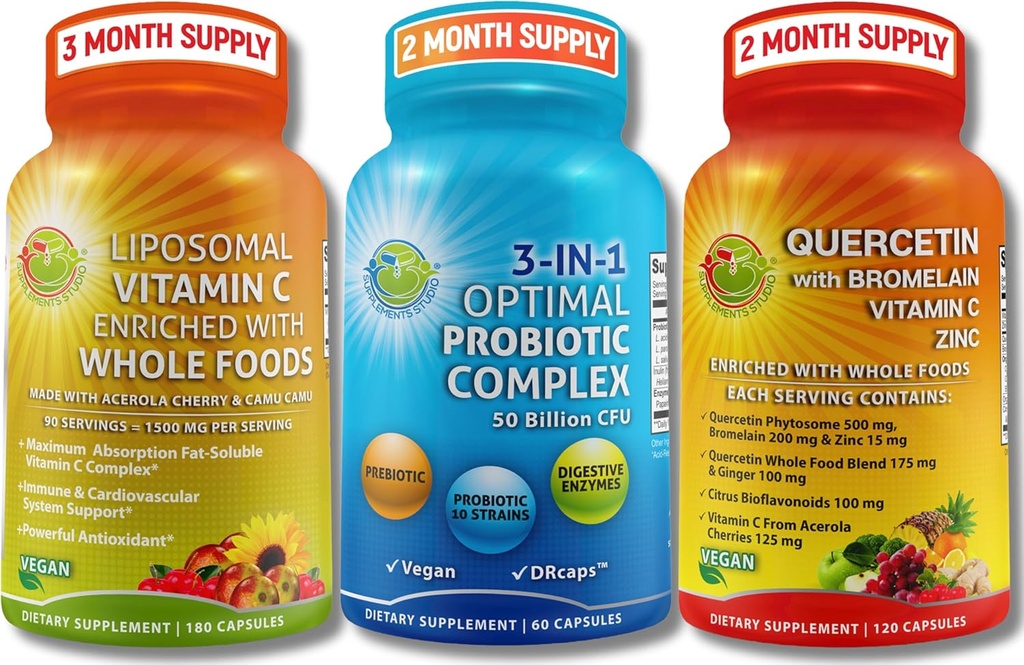 Immune & Gut Health Bundle – 3-in-1 Probiotic with Enzymes & Prebiotic + Quercetin with Bromelain, Zinc, Vitamin C & Organic Whole Foods + Liposomal Vitamin C 1500mg with Organic Acerola & Camu Camu